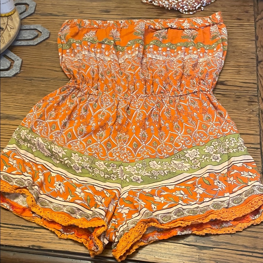 Orange and Green Strapless Romper - Picture 6 of 8